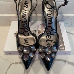 Sam Edelman Black snake skin and rhinestone sling back pumps